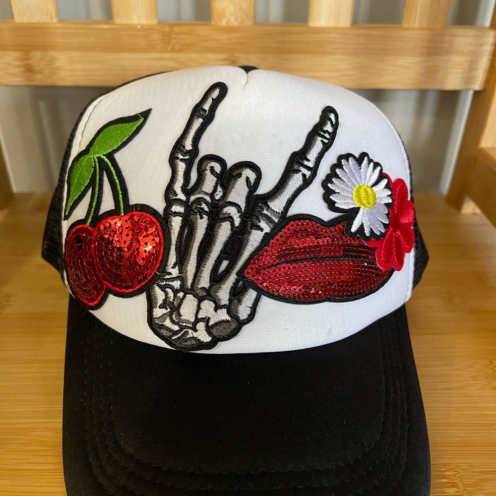 Custom trucker hat womens Halloween cherry skeleton embroidered patches